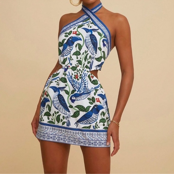 Dresses & Skirts - Blue And White Boho Women's Vacation Chiffon Backless Tie Strap Mini Dress
